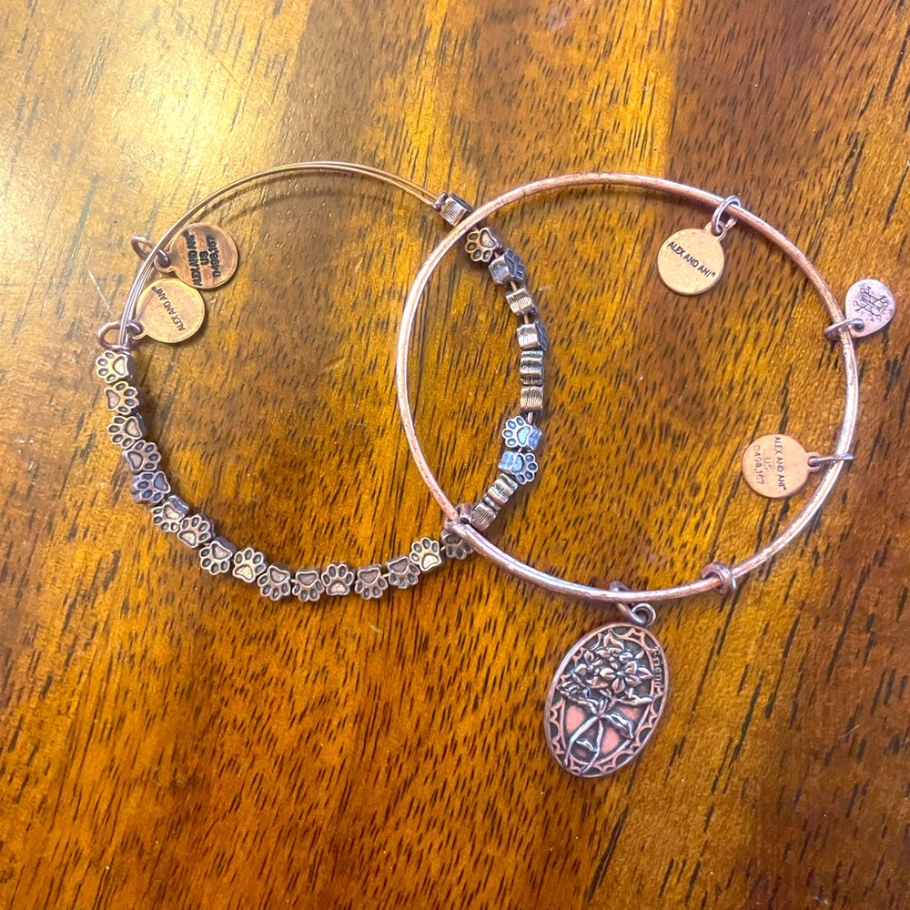 Rose Gold Alex and Ani bangle bracelets. Paw prints and Friends bundle